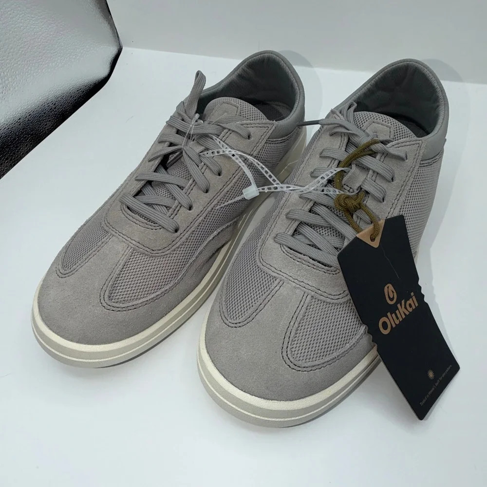 OluKai Punini Men's 7 Mesh Suede Sneakers Ash Grey Drop In Heel Slide In Comfort